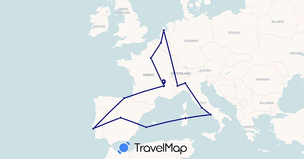 TravelMap itinerary: driving in Belgium, Spain, France, Italy, Netherlands, Portugal (Europe)